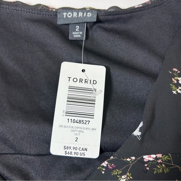 Torrid Black Floral Birds Print Chiffon Ruffled Wrap Versatile  Dress 2/2X/18-20 - Picture 10 of 16